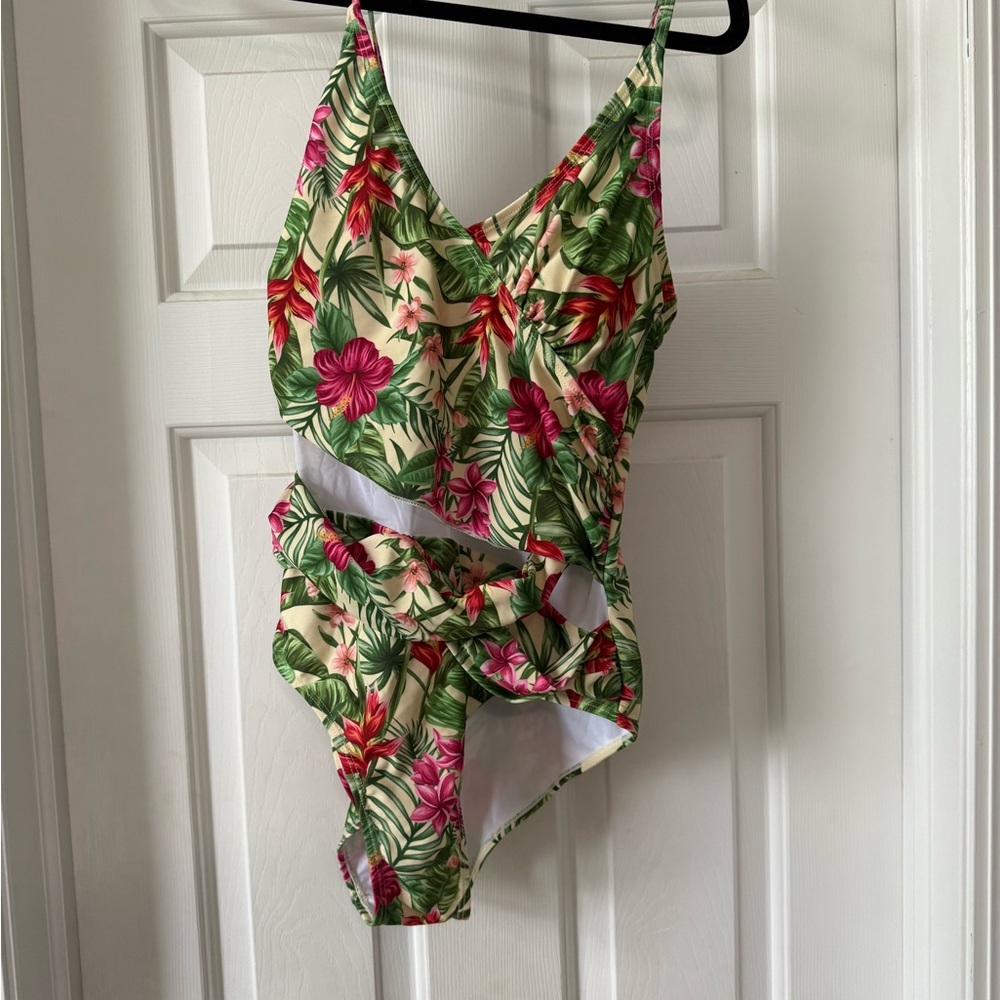 Nicole Miller Green and Pink Tropical One Piece Swimsuit